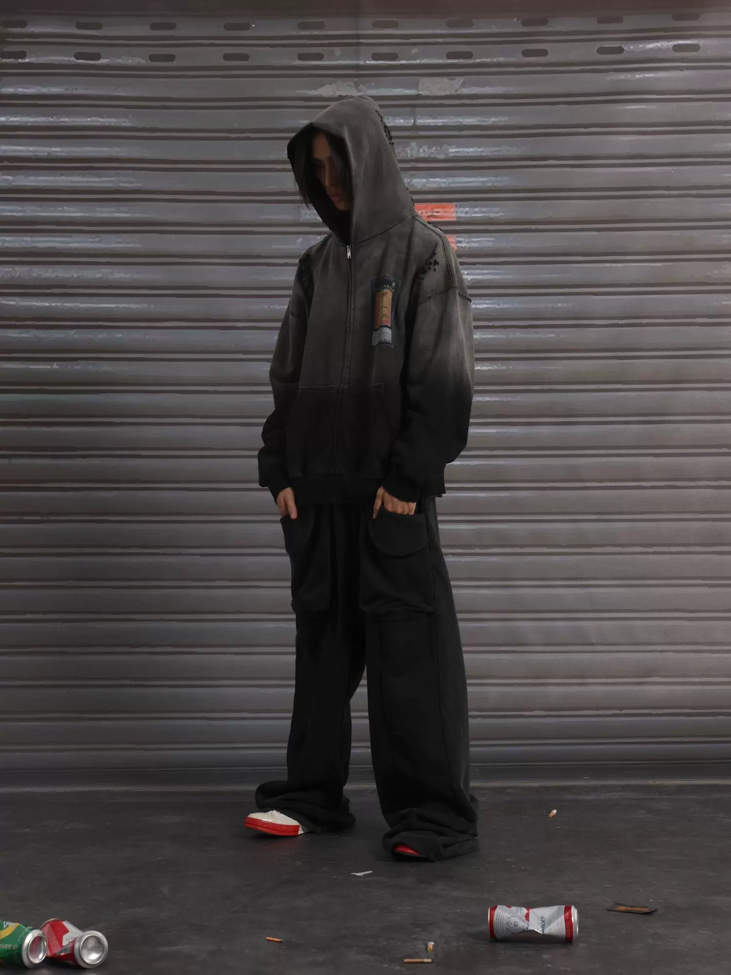 Washed Embroidery Overse Zipper Hoodie WN19070