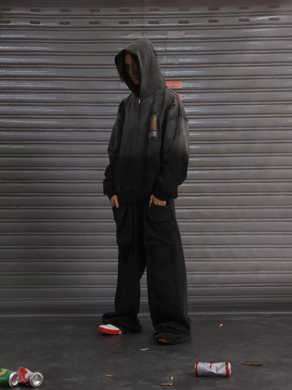 Washed Embroidery Overse Zipper Hoodie WN19070