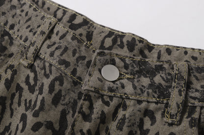 Leopard Print Curved Straight Wide Leg Denim Jeans WN25675