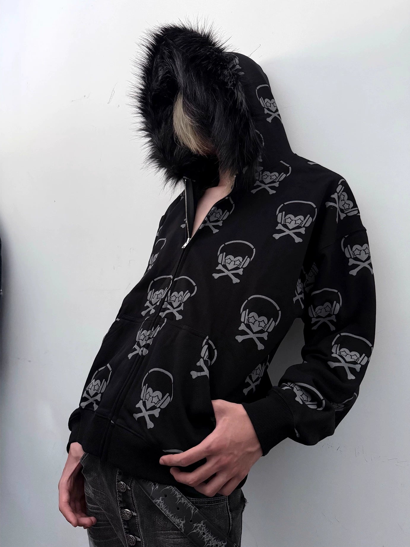 Headphone Skull Print Fake Fur Collar Zipper Hoodie WN20919