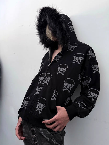 Headphone Skull Print Fake Fur Collar Zipper Hoodie WN20919