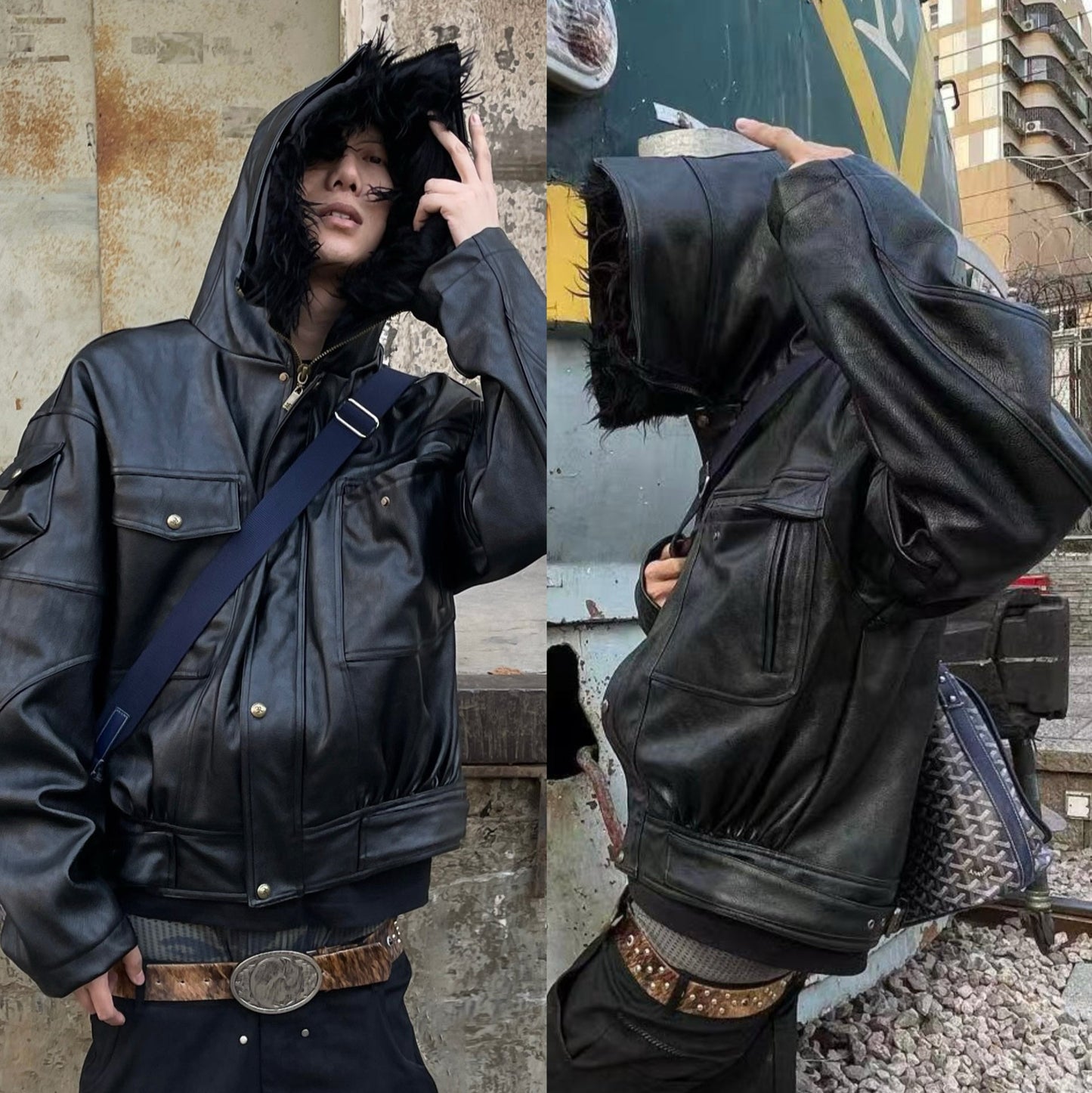 Waxed Crinkle Zipper Detachable Hooded Jacket WN19693