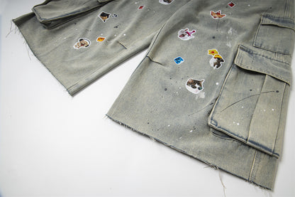 Sticker Paint Cargo Half Denim Jeans WN26747