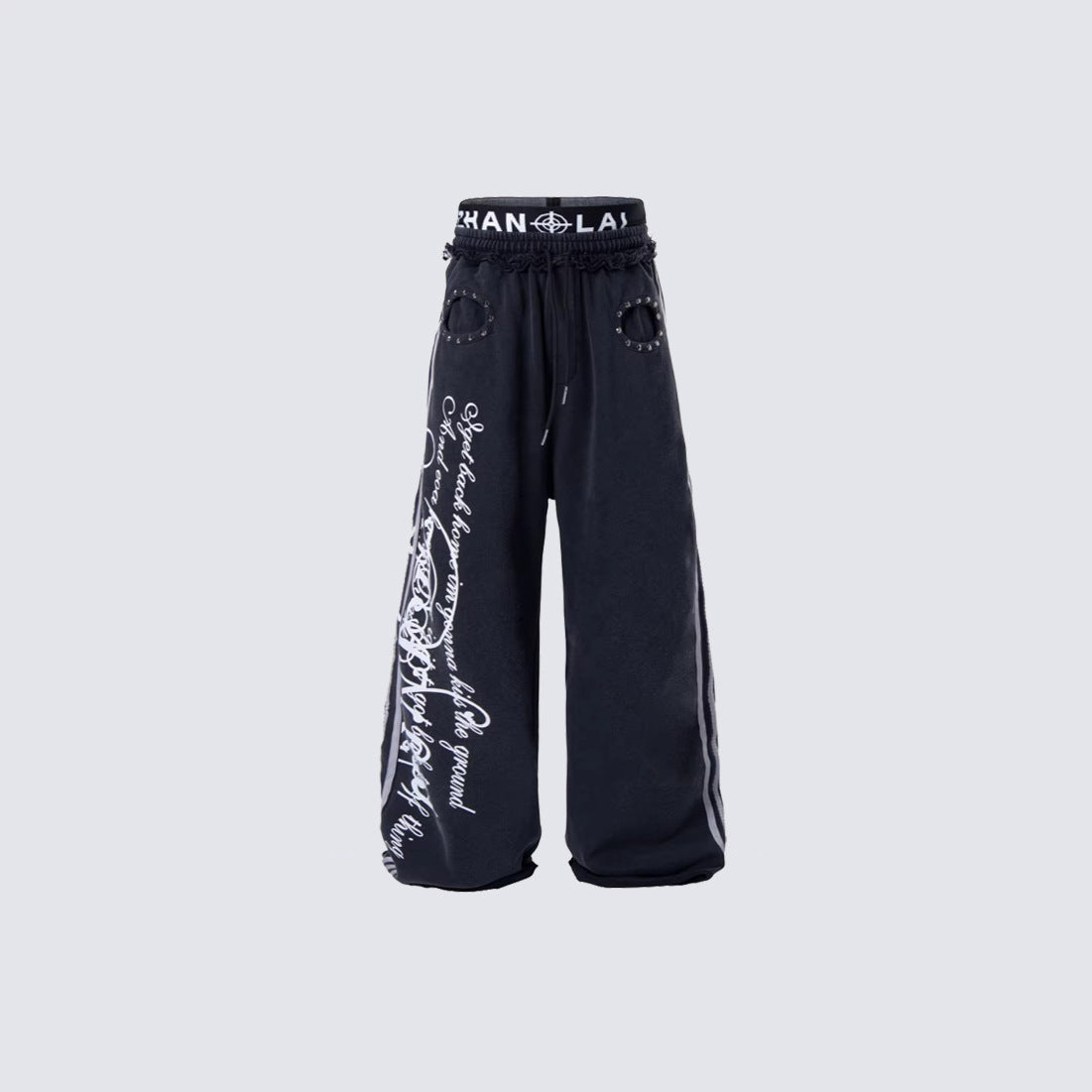Gothic Letter Print Frayed Waist Wide Leg Sweatpants WN27838