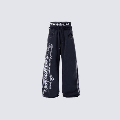 Gothic Letter Print Frayed Waist Wide Leg Sweatpants WN27838