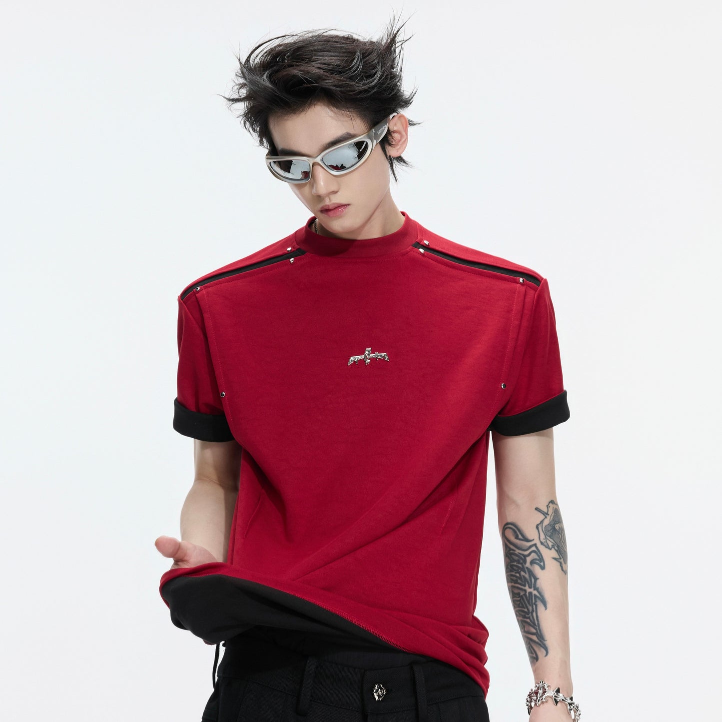 Contrast Panel Deconstructed Folded Sleeve Short Sleeve T-Shirt WN26995