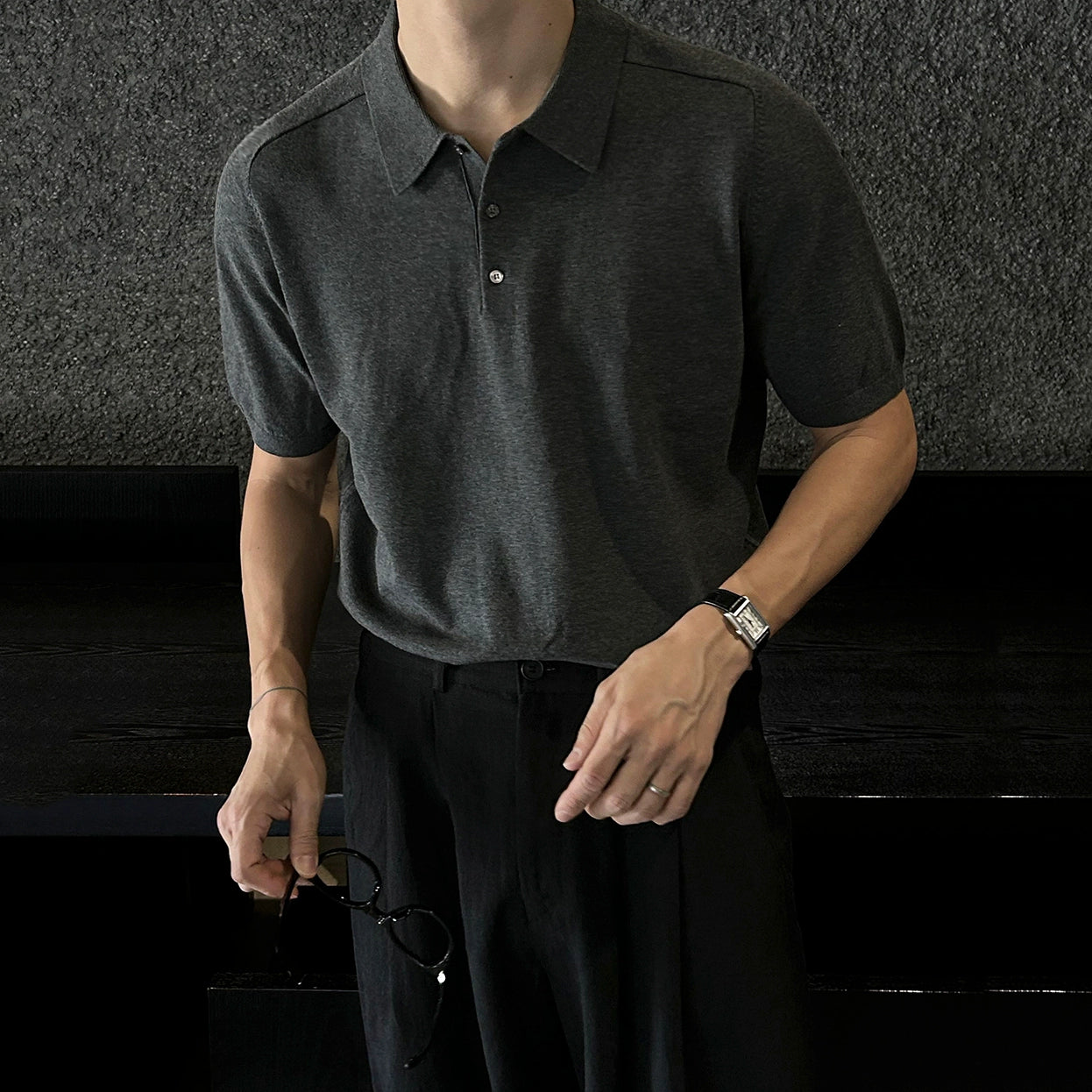 Solid Collar Knit Short Sleeve Polo Shirt WN20304