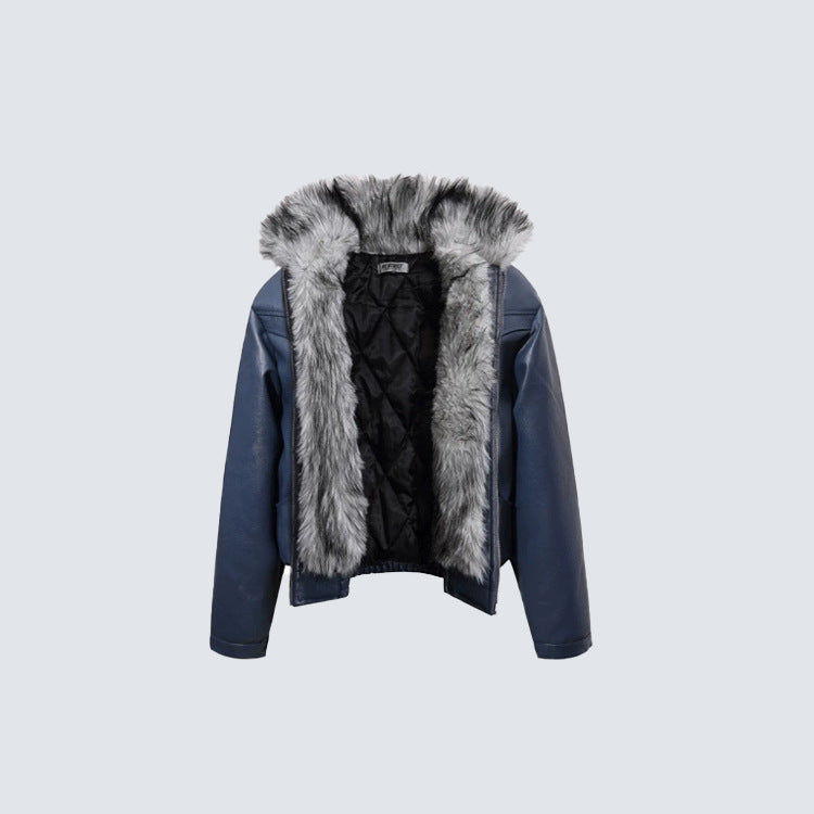 Fake Fur Collar Studs Detail PU Leather Jacket WN28095