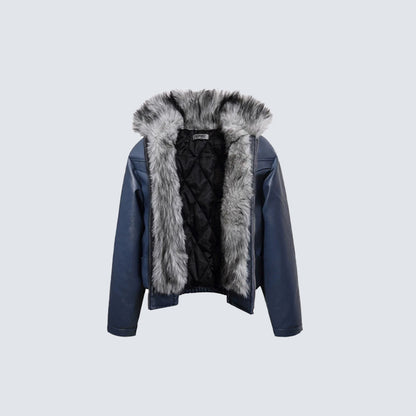 Fake Fur Collar Studs Detail PU Leather Jacket WN28095
