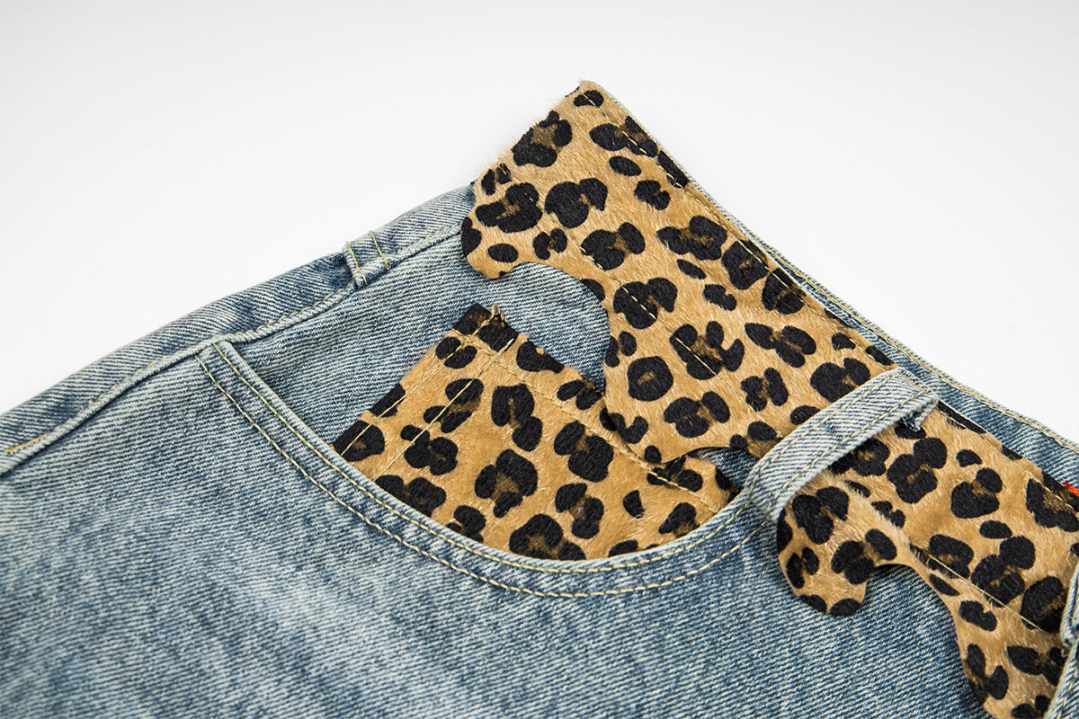 Leopard Print Damage Half Denim Jeans WN25462