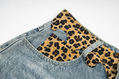 Leopard Print Damage Half Denim Jeans WN25462