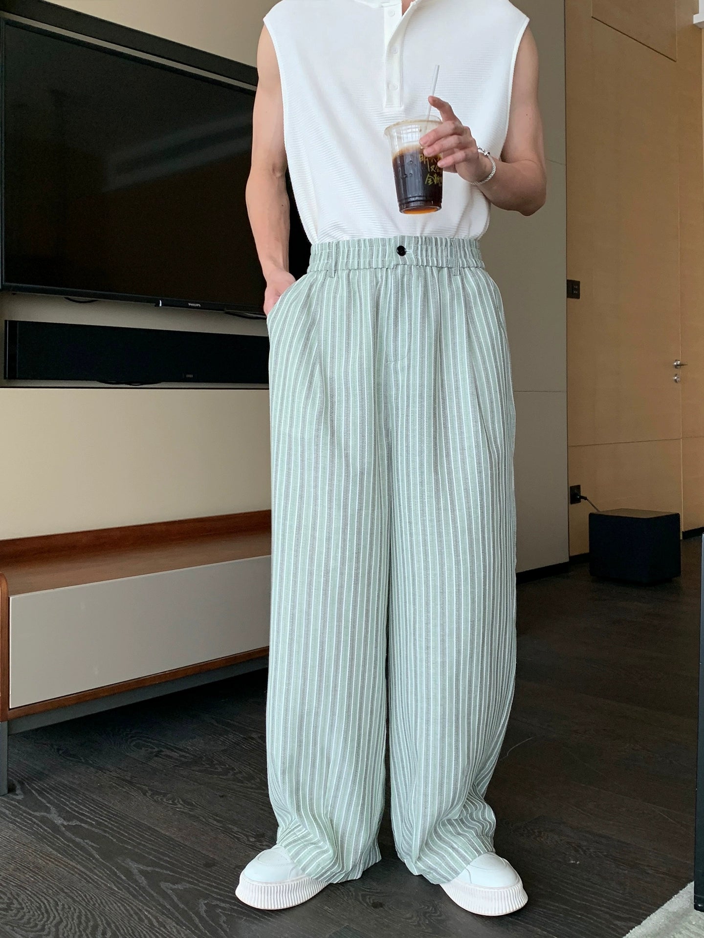 Striped Cotton Elastic Waist Wide Leg Straight Pants WN20442