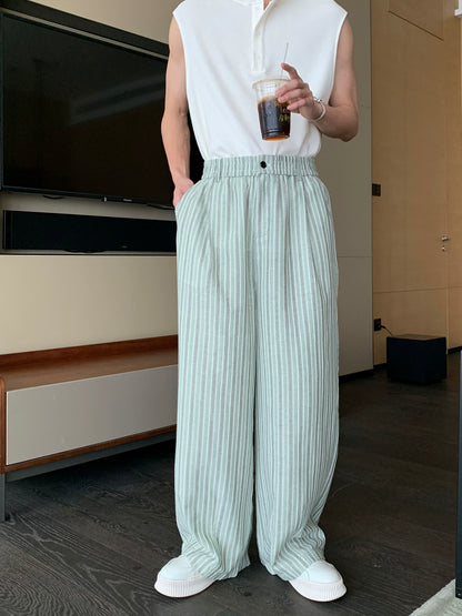 Striped Cotton Elastic Waist Wide Leg Straight Pants WN20442