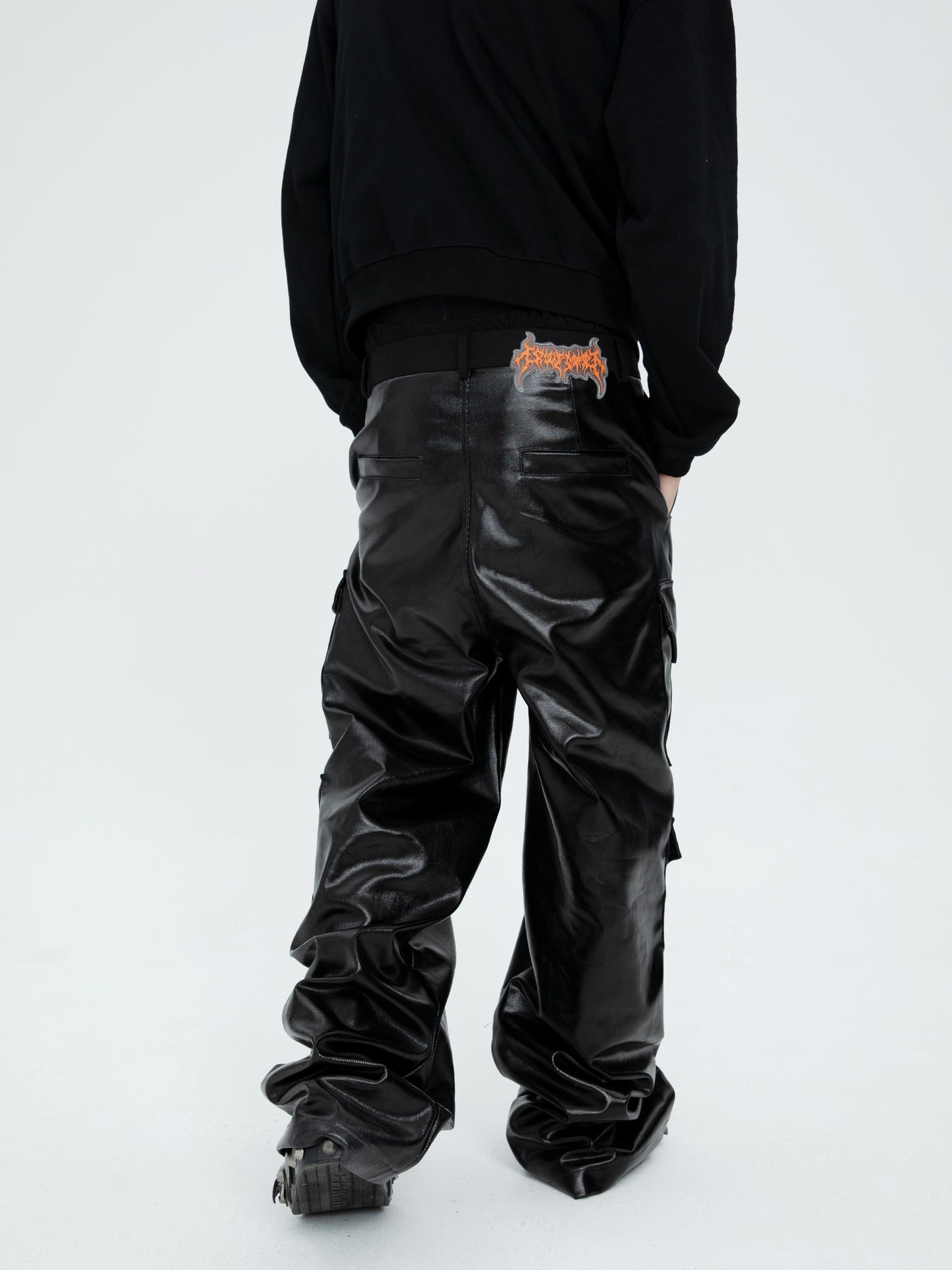 Glossy Coated Multi-Pocket Wide Leg Cargo Pants WN17249