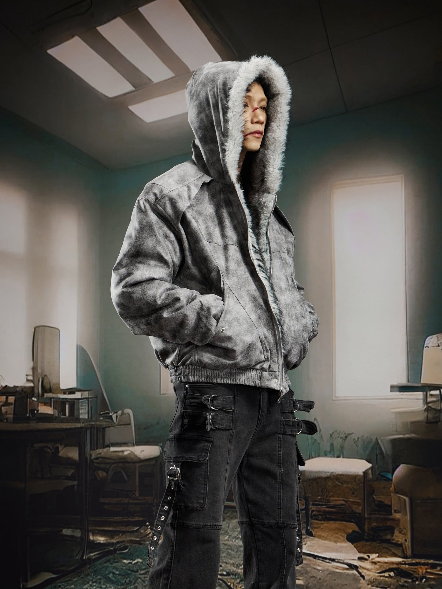 Washed Tie-Dye Suede Studded Fake Fur Hooded Puffer Jacket WN22756