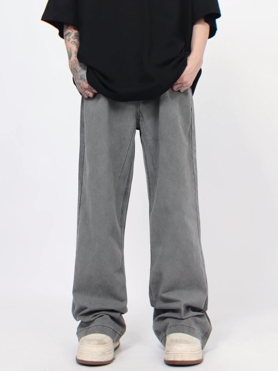 Gray Wash Straight Micro Flare Denim Jeans WN5252