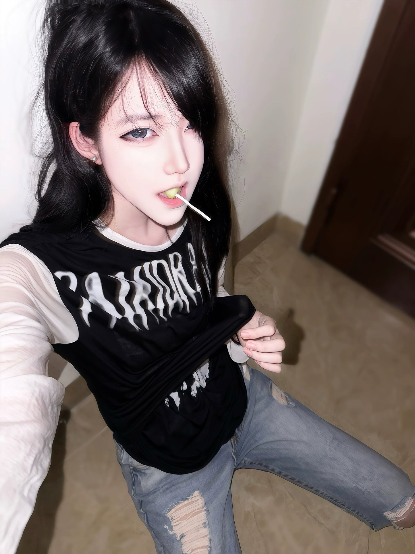 Sheer Print Double Layer Long Sleeve T-Shirt WN20899