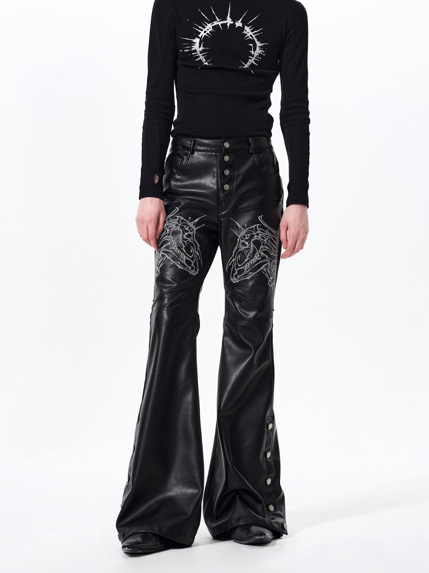 Horse Head Embroidery Flare Button Slit PU Leather Pants WN23287