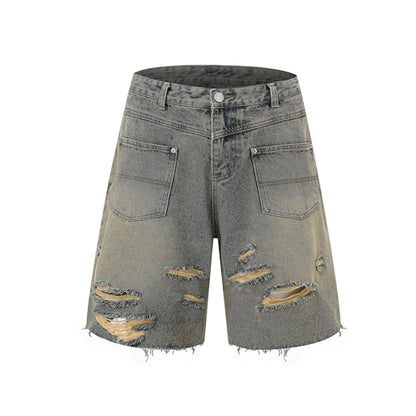 Washed Damage Wide Leg Denim Short Pants WN25596
