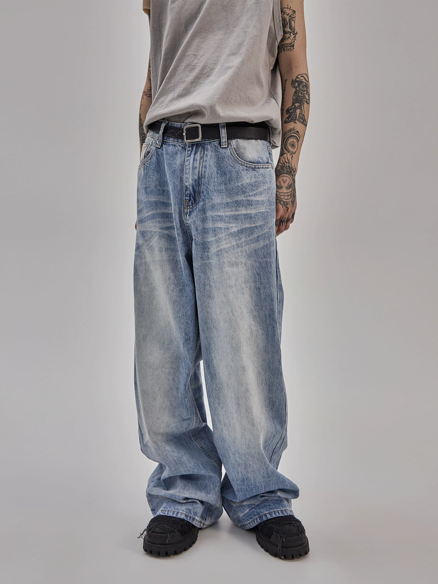 Washed Straight-Leg Wide Vintage Denim Jeans WN9904