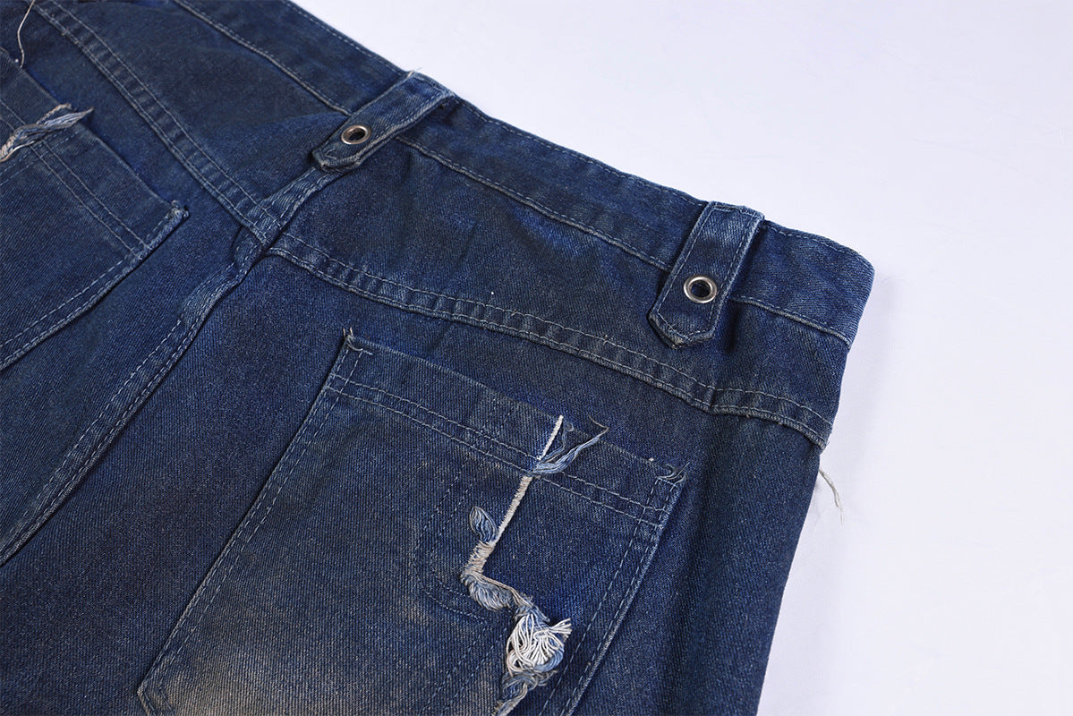 Heavyweight Washed Deconstructed Wide Leg Denim Jeans WN25745