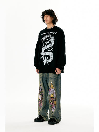 Fireworks Print Washed Denim Jeans WN18972