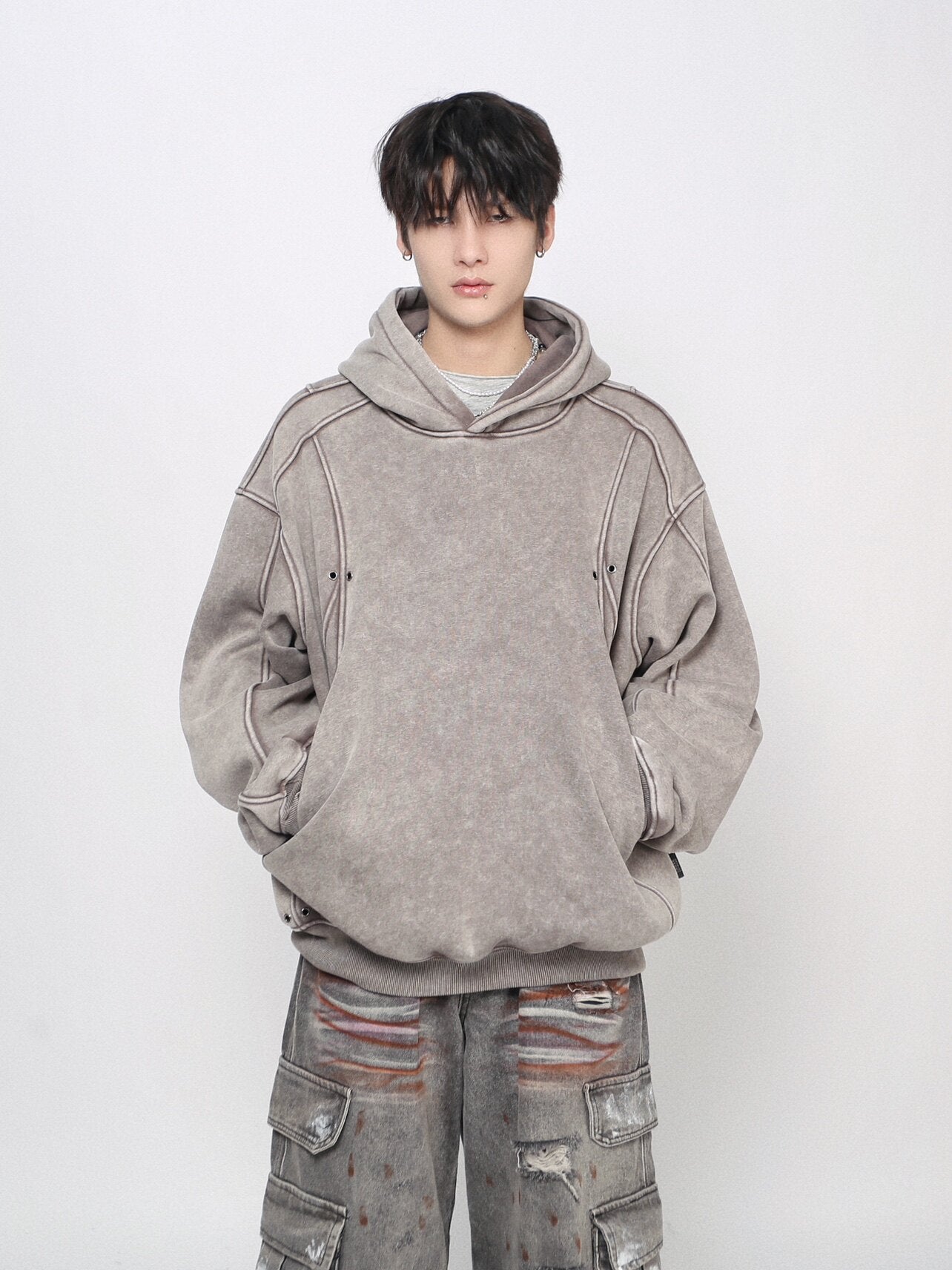 Washed Deconstructed Spliced Oversize Hoodie WN24463