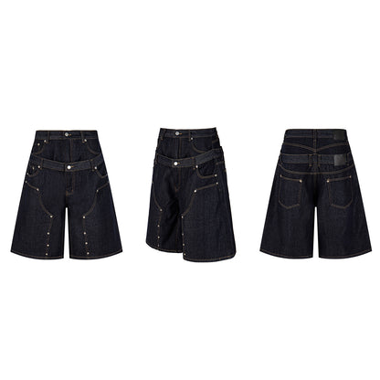 Fake Layered Double-Waist Wide Leg Denim Short Pants WN25667