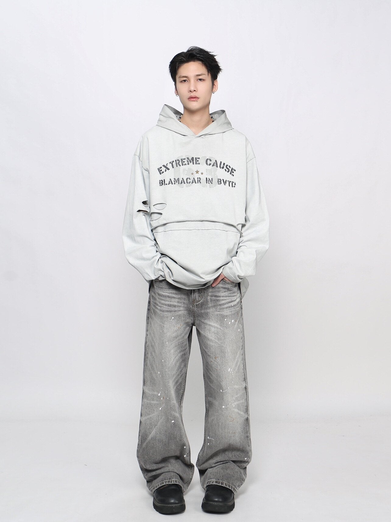 Damage Letter Print Layered Hoodie WN24495
