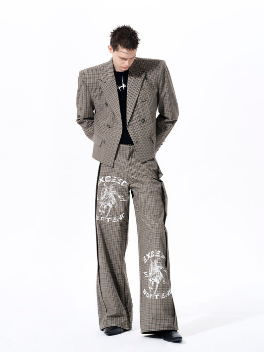 Plaid Double-Breasted Short Tailored Jacket & Trousers Setup WN23282