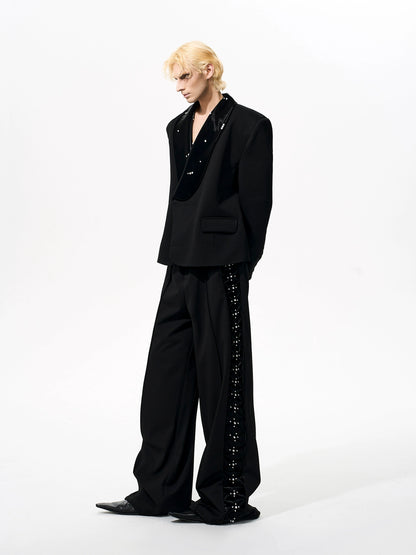 Pearl Splicing Shoulder-Pad PU Leather Jacket & Straight Pants Setup WN21966