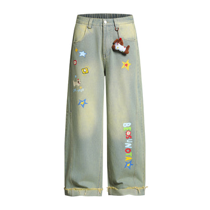 Cartoon Embroidery Wide Leg Denim Jeans WN26969