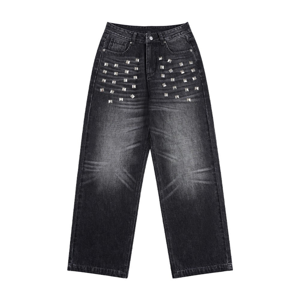 Metal Stud Washed Wide Leg Denim Jeans WN27843