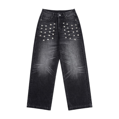 Metal Stud Washed Wide Leg Denim Jeans WN27843
