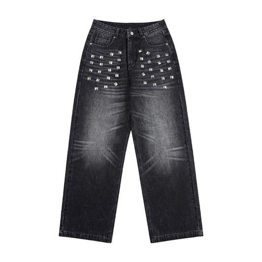 Metal Stud Washed Wide Leg Denim Jeans WN27843