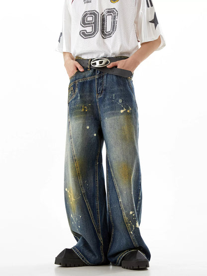 Paint-Splatter Wide-Leg Straight Denim Jeans WN10420