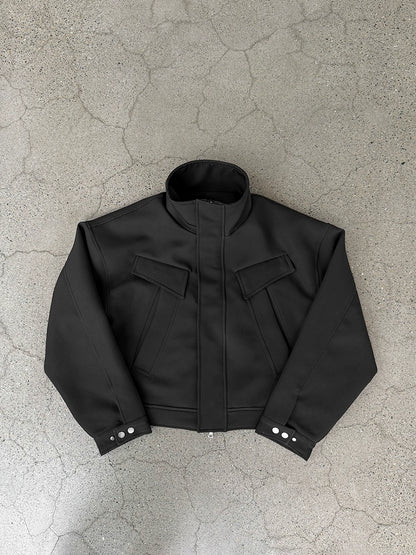 3D Cut Oversize Stand-Neck PU Leather Zipper Jacket WN17712