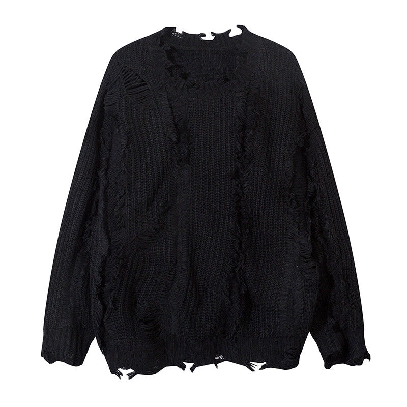 Damage Fringe Detail Asymmetric Oversize Knit Sweater WN10905