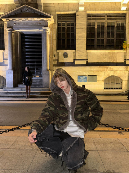 Camouflage Fake Fur Collar Hooded Short Puffer Jacket WN20728