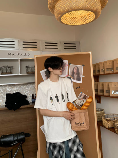 Shoulder-Pad Print Cotton Oversize Short Sleeve T-Shirt WN19834