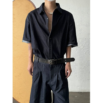 Washed Denim Short Sleeve Shirt & Wide Leg Denim Half Jeans Setup WN19956