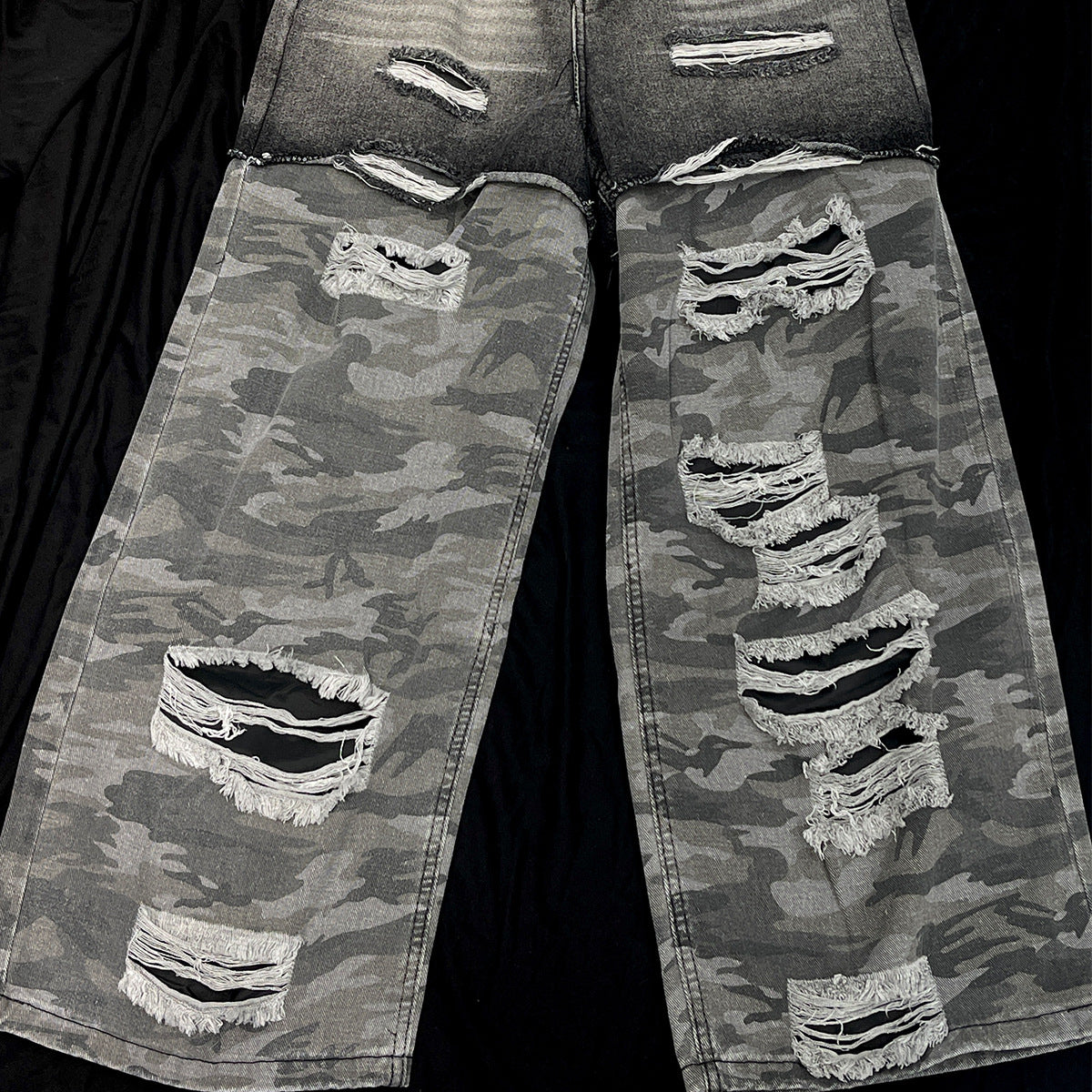 Camouflage Patchwork Washed Damage Wide-Leg Denim Jeans WN11276