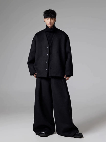 Collarless Solid Oversize Wool Knit Cardigan WN13340