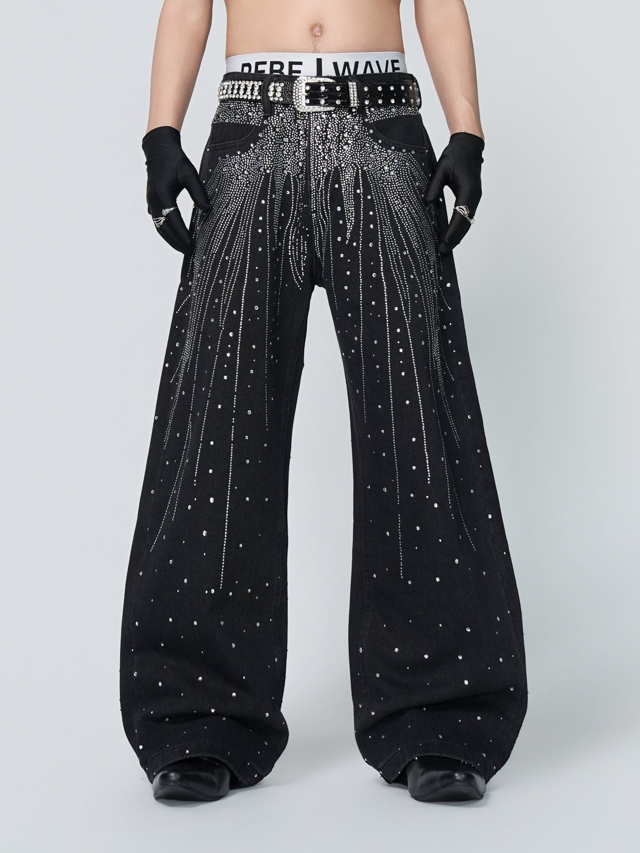 Rhinestone Gradient Wide Leg Denim Jeans WN24318