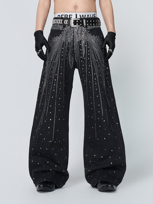 Rhinestone Gradient Wide Leg Denim Jeans WN24318