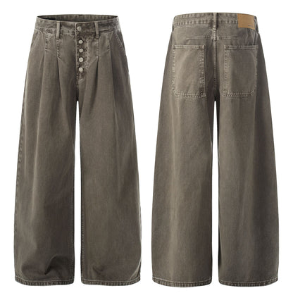 Multi-Button Pleats Wide Leg Barrel Denim Jeans WN26116