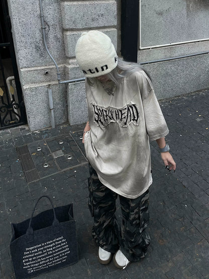 Graphic Letter Print Washed Short Sleeve T-Shirt WN18134