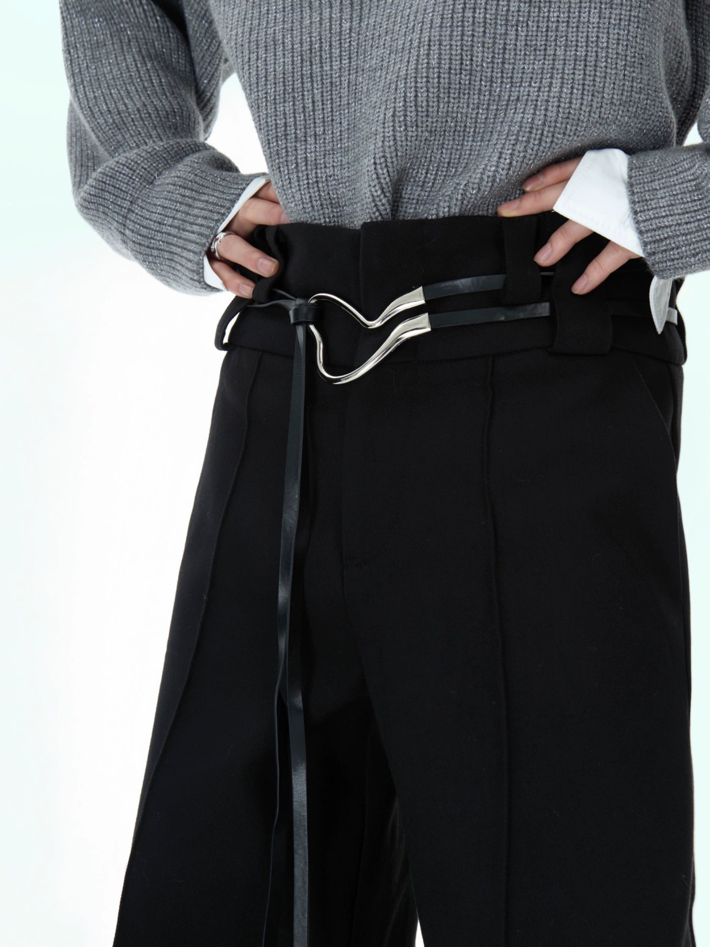 PU Leather Belted Straight-Leg Trousers WN11623