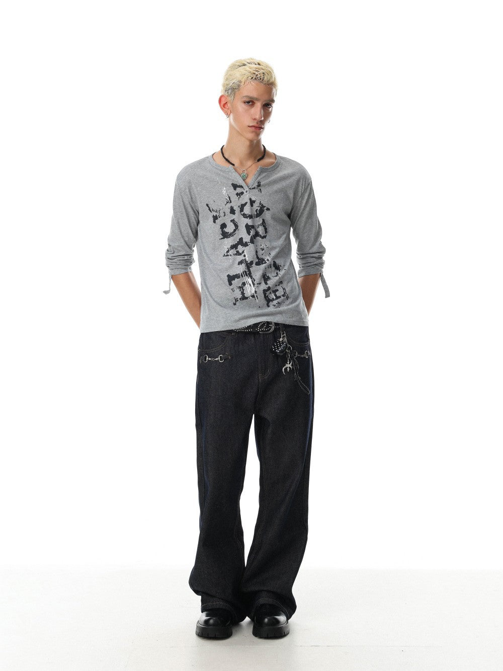 Graphic Print Notched Neck Long Sleeve T-Shirt WN28076
