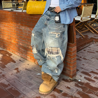 Wide Leg Damage Double Waist Denim Jeans WN26640